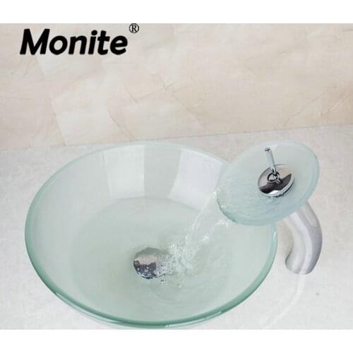 Monite Round Tempered Glass Vessel Sink With Waterfall Faucet Water Pop Up Drain Bathroom Sink Sets