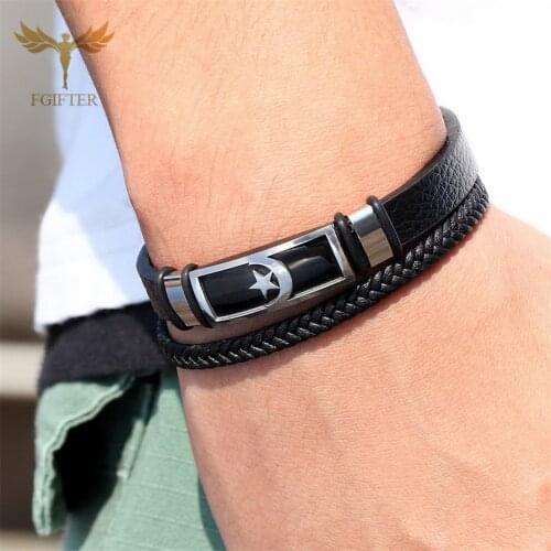 Turkey Flag Moon Star Bracelet Islam Woven Leather Bracelet Stainless Steel Cuff Bracelet Men Religious Wrist Jewelry