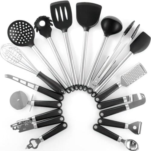 Stainless Steel Silicone Kitchenware Cooking Set Black Frying Spatula Soup Spoon Corkscrew Household Kitchen Tools Supplies