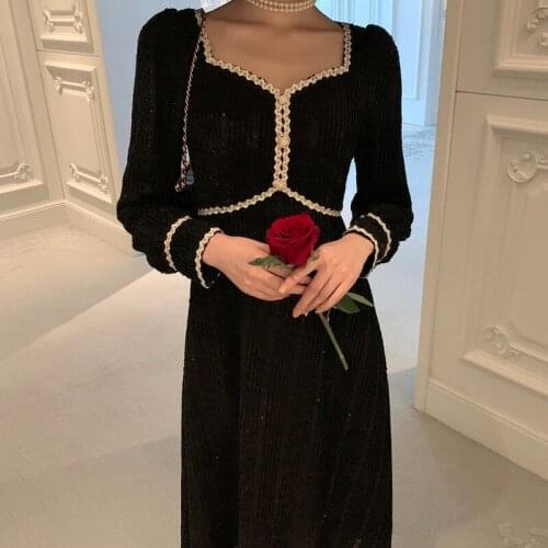 2021 Autumn French Vintage Gothic Black Dress Women Design Evening Party Midi Dress Long Sleeve Casual One Piece Dress Korean