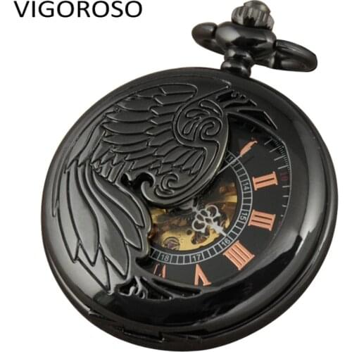 Personalised Pocket Watch Mechanical Hand Wind Double Half Hunter Black Steel Clock For Men Free Gift Box