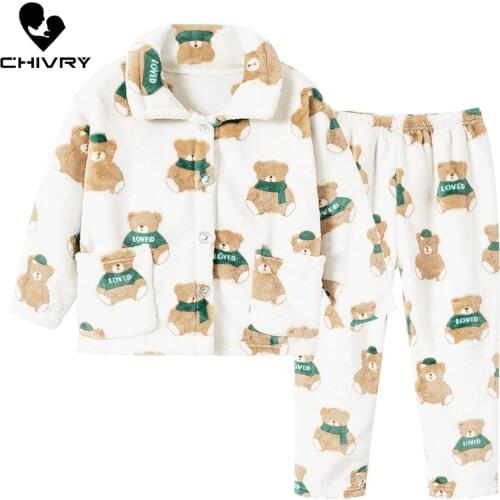 New Kids Boys Girls Autumn Winter Flannel Pajama Sets Cartoon Print Long Sleeve Lapel Tops with Pants Sleeping Clothing Sets