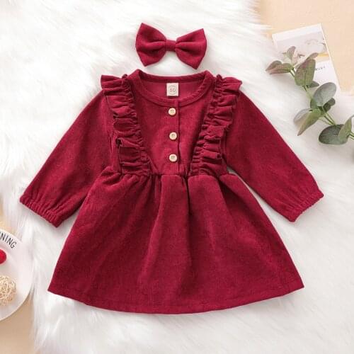 Pudcoco Toddler Baby Girl Clothes High-Waist Midi Long Sleeve Round Collar Ruffle Buttons Princess Pleated Fall Dress Headband