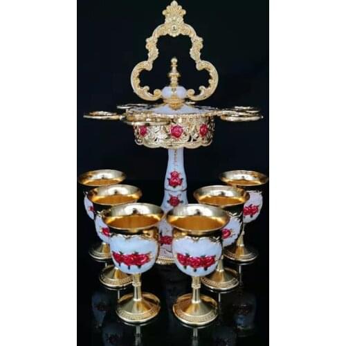 Rare Old European style high-grade palace single-layer sky blue wine cup holder, a set of red rose wine glass with golden edge