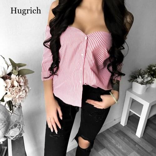 Sexy Stripe Blouse Women Autumn Long Sleeved Shirts Tops Fashion Off Shoulder Button Blouses Strapless Slash Neck Blouse Clothes