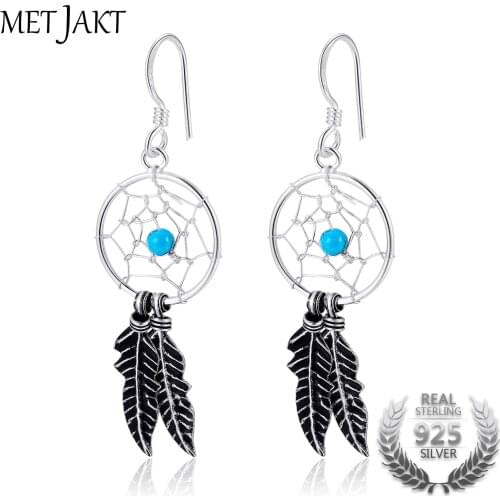 MetJakt 925 Sterling Silver Vintage Drop Earrings with Turquoise&Feather Pendant Hook Earring for Women Ethnic Style Jewelry
