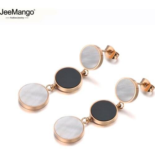 JeeMango Fashion Stainless Steel 3Pcs Disc Dangle Earrings For Women Girls White Shell & Black Acrylic Bohemia Earrings JE19183