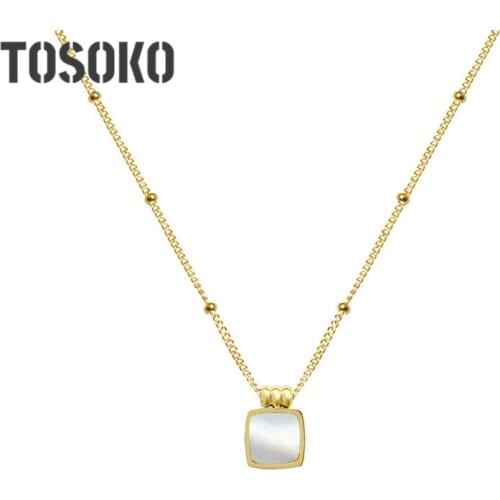 TOSOKO Stainless Steel Jewelry National Style Black And White Shell Square Necklace Female Personality Clavicle Chain BSP762