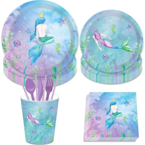 Happy Birthday Little Mermaid Party Decorations Disposable Plates Napkins Cups Tableware Wedding Baby Shower Party Favors