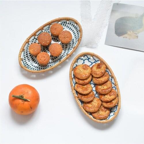Unique Rattan Hand-woven Ceramic Dish Handicrafts Tableware Porcelain Dessert Fruit Snack Tray Dinnerware Geometry Plate