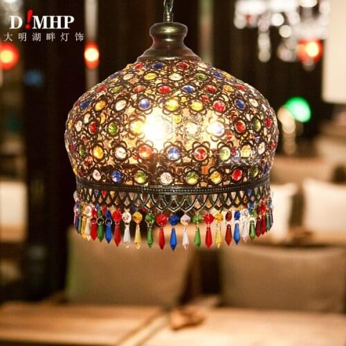 Colorful Pendant Lamp with Handmade Glass Lampshade Southeast Antique Turkish Hanging Lamp E14 Bulb for Bar Asile Living Room