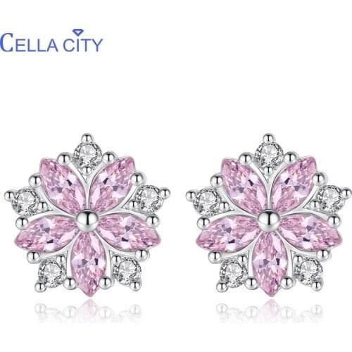 Cellacity Silver 925 Jewelry Gemstones Earrings for Women Pink White Zricon Minimalist Flower shaped Ear Studs Wholesale Wedding