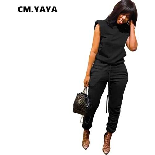 CM.YAYA Women Set with Pockets Solid Sleeveless Hooded Collar Tops Stretchy Pencil Pants Two 2 Piece Sets Fashion Outfits Summer