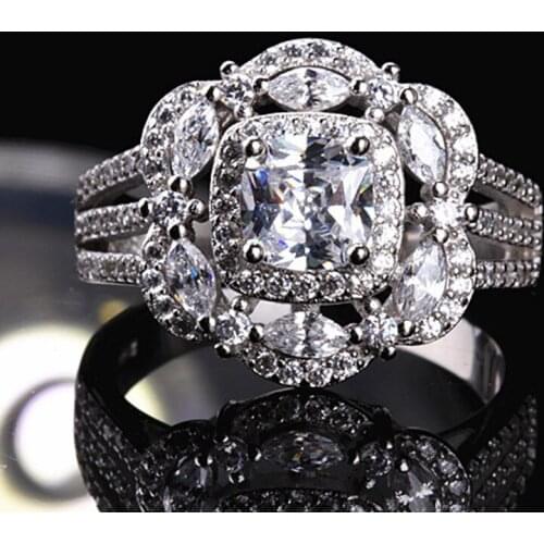 14K White Gold Square Diamond Ring For Women Olive Shaped Exaggerated Group Inlaid AAA Zircon Wedding Rings Engagement Jewelry