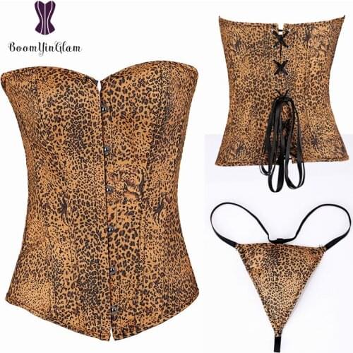Women Body Shapewear Slimming Waist Cincher Shaper Leopard Print Sexy Overbust Corset Bustier With G String 861