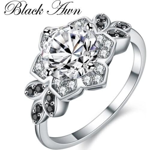 [BLACK AWN] Genuine 2.8g 925 Sterling Silver Jewelry Flower Wedding Rings for Women Engagement Ring Femme Bijoux Bague C151