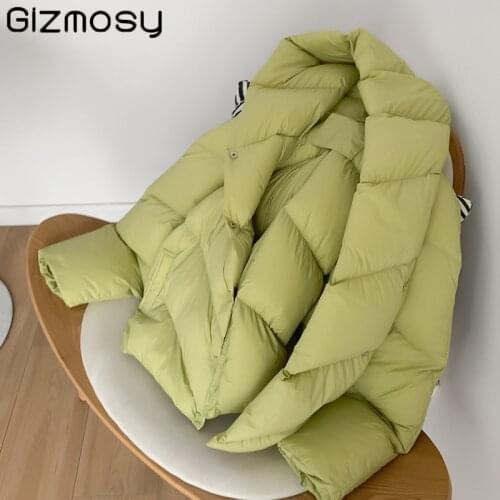 Gizmosy White Duck Down Coat Women 2021 Winter Light Puffer jacket Female Warm Short Hooded Bread Parkas Casual Loose Outwear