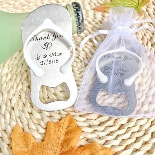 100pcs Personalized Wedding Favors Flip Flop Beer Bottle Openers Slipper Beer Opener Print Names + White Organza Bag or Gift Box