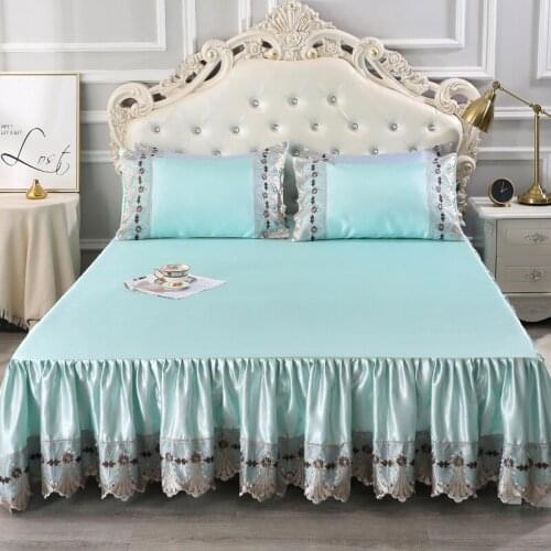 2020 new products Ice silk mat Bed spread Fitted Sheet Pillowcases 2/3 pcs Luxury Solid Princess lace bedding