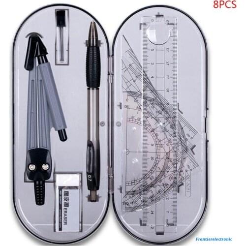 8pcs/set Portable Precision Geometry Protractor Drawing Compass Ruler Pencil Essentials Math Study Tool Kit