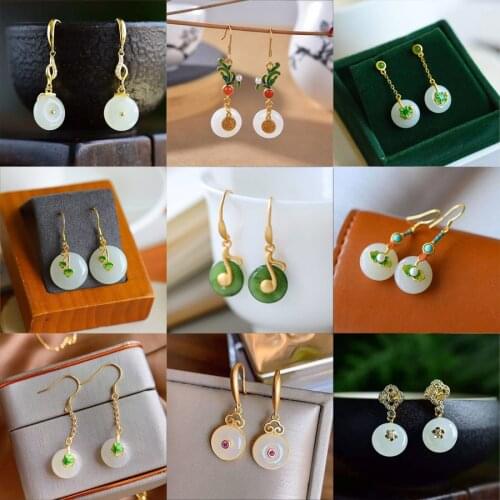 Designer original series classic natural Hetian jade simple round earrings Chinese style charm ladies silver jewelry