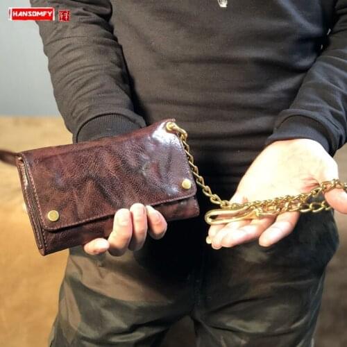 Genuine Leather Long Wallet Men Purse Copper Chain Dismantling Mens Medium and Long Wallet Card Holder Fold Leather Wallets