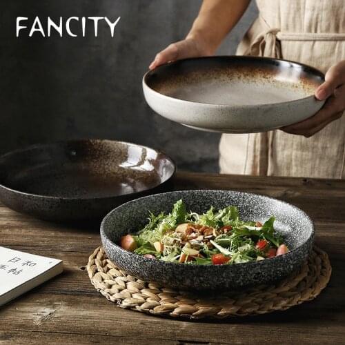 FANCITY Deep round plates, creative ceramic plates, household dishes, retro porcelain plates