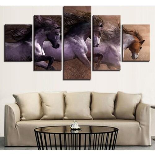 Hd Canvas Oil Painting Home Decorative 5 Panel Racing Horse Modular Picture Framework Wall Art Prints Poster for Living Room
