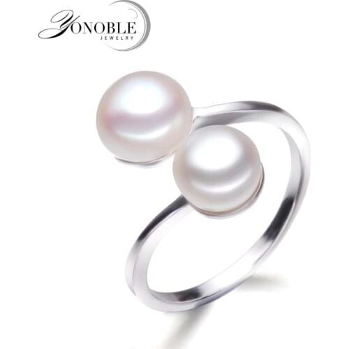YouNoble Natural Cultured Double Pearl Rings For Women,silver 925 Double Adjustable Ring With Pearl Birthday Gift
