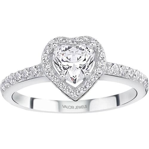 Valori Jewels 0.75 Carat, Zirconia White Round And Heart Gemstone, Rhodium Plated, Solitaire Ring