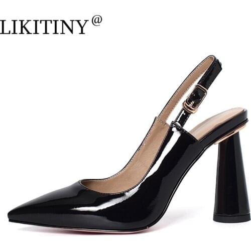 LIKITINY 2021 Summer High heels Womens shoes Fashion Buckle strap Special-shaped Heels Pointed toe sling back White Sandals 41