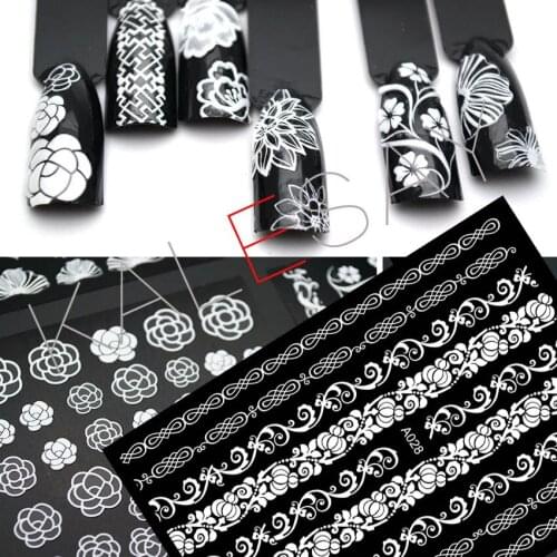 Cute Big Flower Nail Art Sticker Manicure Design Black Sticker Decal Luxury Self Adhesive White Decals Nail Art for Decoration