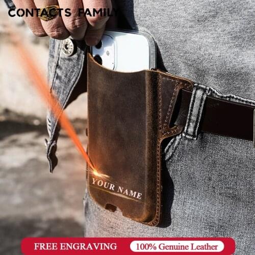 CONTACTS FAMILY Mens Portable Sports Running Mobile Phone Storage Belt Bag Crazy Horse Genuine Leather Pockets