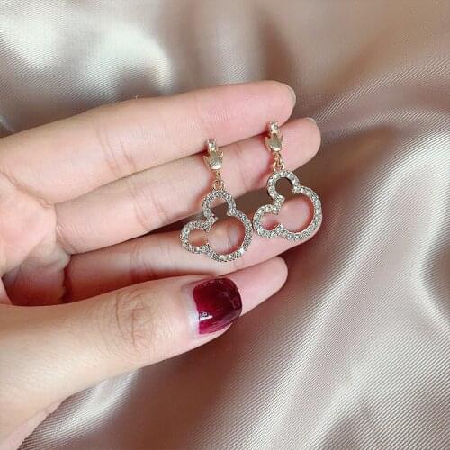 2 pcs set Disney Crown Diamond Silver Needle Pearl Cute Cartoon Mickey Mouse Head Earrings Girl Gift