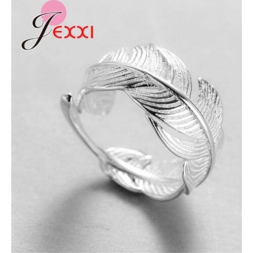New Arrival Women Girls Fashion Adjustable Size Feather Rings 925 Sterling Silver Wedding Party High Quality Jewelry