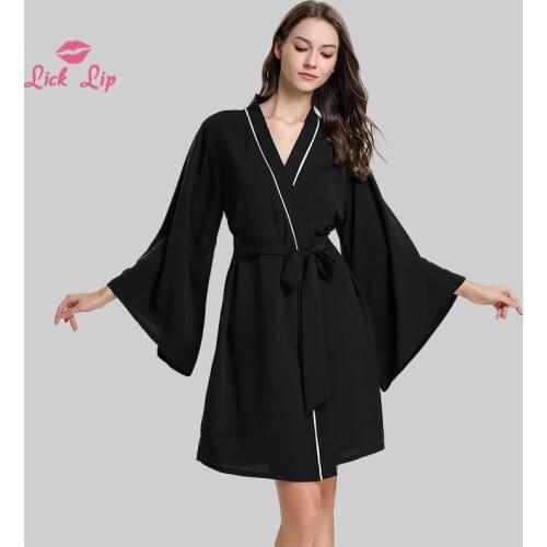 Lick Lip Autumn Silk Fairy Long Sleeve Night Gown V-Neck Solid Conjoined Bathrobes Elegant Comfort Home Clothes SWD12656-30