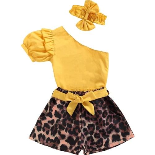 0-4Y Fashion Kids Baby Girls Clothing Sets Girl Outfits Short Sleeve One Shoulder T-shirt Tops+Leopard Belt Shorts+Headband 3pcs