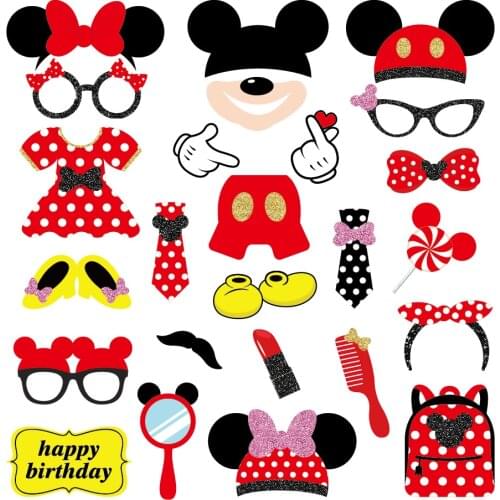Red Minnie Photo Booth Props with Stick Mini Mouse Theme Selfie Props Birthday Party Supplies Photography Backdrop Decorations