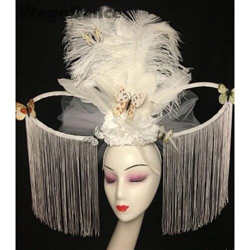 Chinese Style White Luxury Bride Model Catwalk Show Exaggerated Feather Stage Creative Headdress
