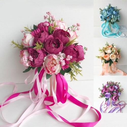 Rose Blue Purple Wedding Flowers Bouquet Handmade Artificial Flower Peony Bridesmaid Bridal Bouquet Mariage Wedding Decorations