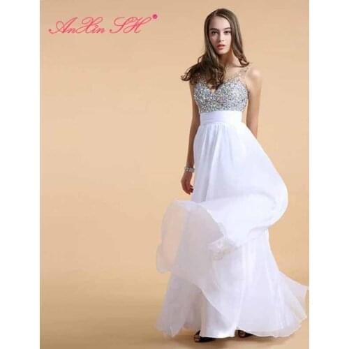 AXJFU princess Chiffon Ball Bride Models white evening dress blue v neck beading crystal a line evening dress red chiffon dress