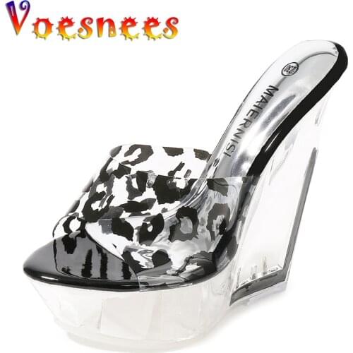 Voesnees 2021 Transparent PVC Slipper 14 cm Super High Heels Sexy Nightclub Party Slippers Female Platform Wedge Heel Sandals