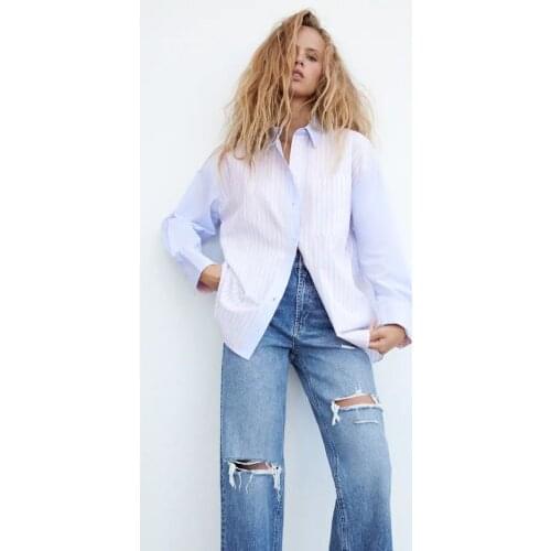 Za Stripe Shirt womens light blue button shirt womens fashion 2021 pocket long sleeve top womens street style summer shirt