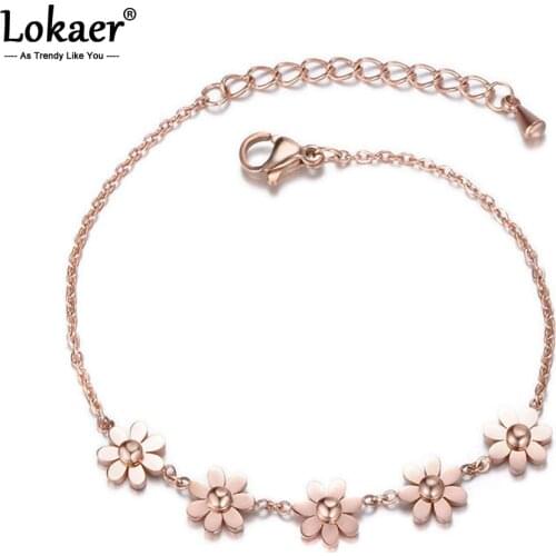 Lokaer Classic Titanium Steel Daisy Charm Bracelets & Bangle For Women Rose Gold Color Chain & Link Bracelet Jewelry B17066
