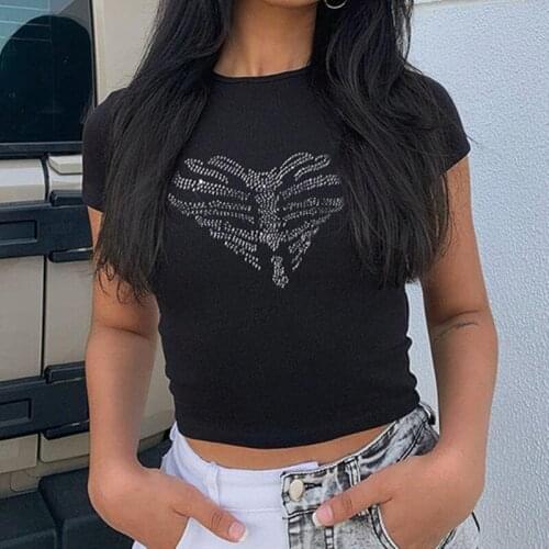 2021 Fashion Gothic Punk Skeleton Rhinestone T-Shirt Women Short Sleeve Crew Neck Slim Fit Crop Top Summer Casual Tee Streetwear