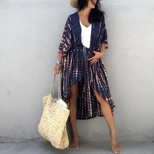 Women Swimsuit Bikini Cover Up 3/4 Sleeves Tie-Dye Striped Printed Open Front Kimono Cardigan Belted Waist Beachwear