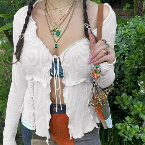 Knit Top Cardigan Women Sexy Tie Up Patchwork T-shirt Y2K Long Sleeve Tee Casual Streetwear Solid V-neck 2021 Retro Streetwear