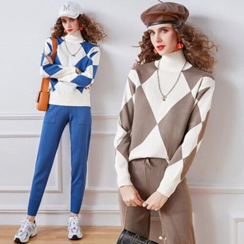 New Casual Knitted Two Piece Outfit Women Geometric Plaid Turtleneck Sweater Pullover + Pencil Pants Winter Female Tracksuit Set