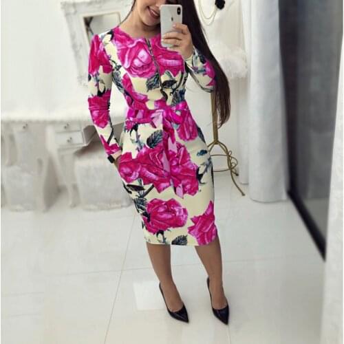 Autumn Women Fashion Work Office Floral Belted Pencil Dress Casual Front Zipper Patchwork Sheath Bodycon Dress Vestidos