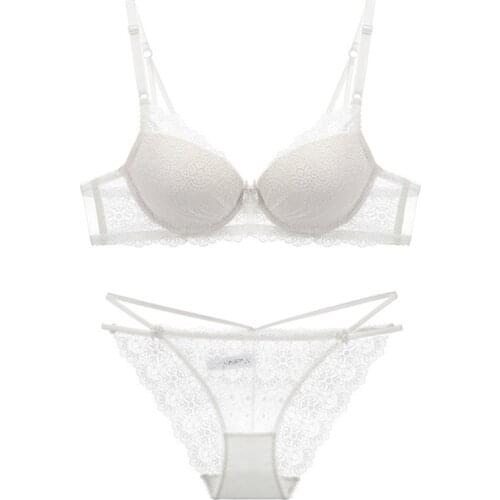 Womens sexy lace underwear deep V girl bra top thin bottom thick small chest gather comfortable breathable bra set. WT048